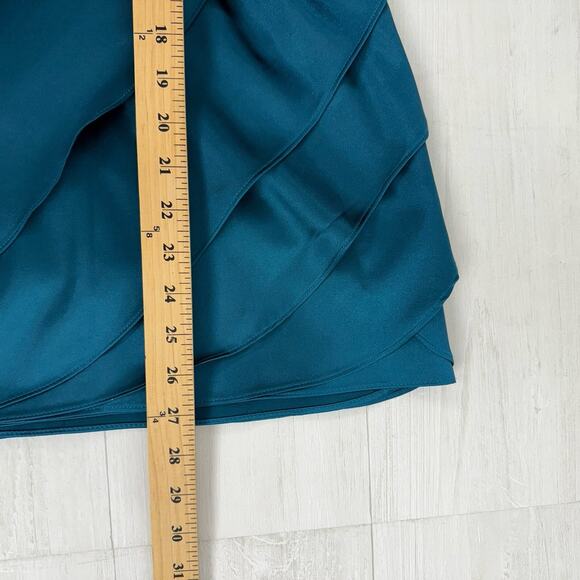Xscape Strapless Mini Dress Size 4 Teal Satin Drape Wrap Cocktail Homecoming - Picture 16 of 16